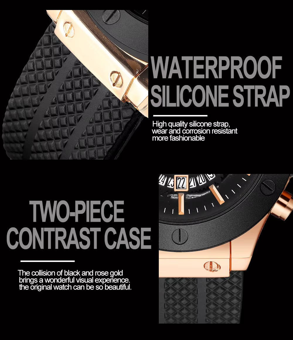 Men’s 46mm Military-Style Sports Watch – Rose Gold Hollow Dial with Black Silicone Band, Quartz Movement
