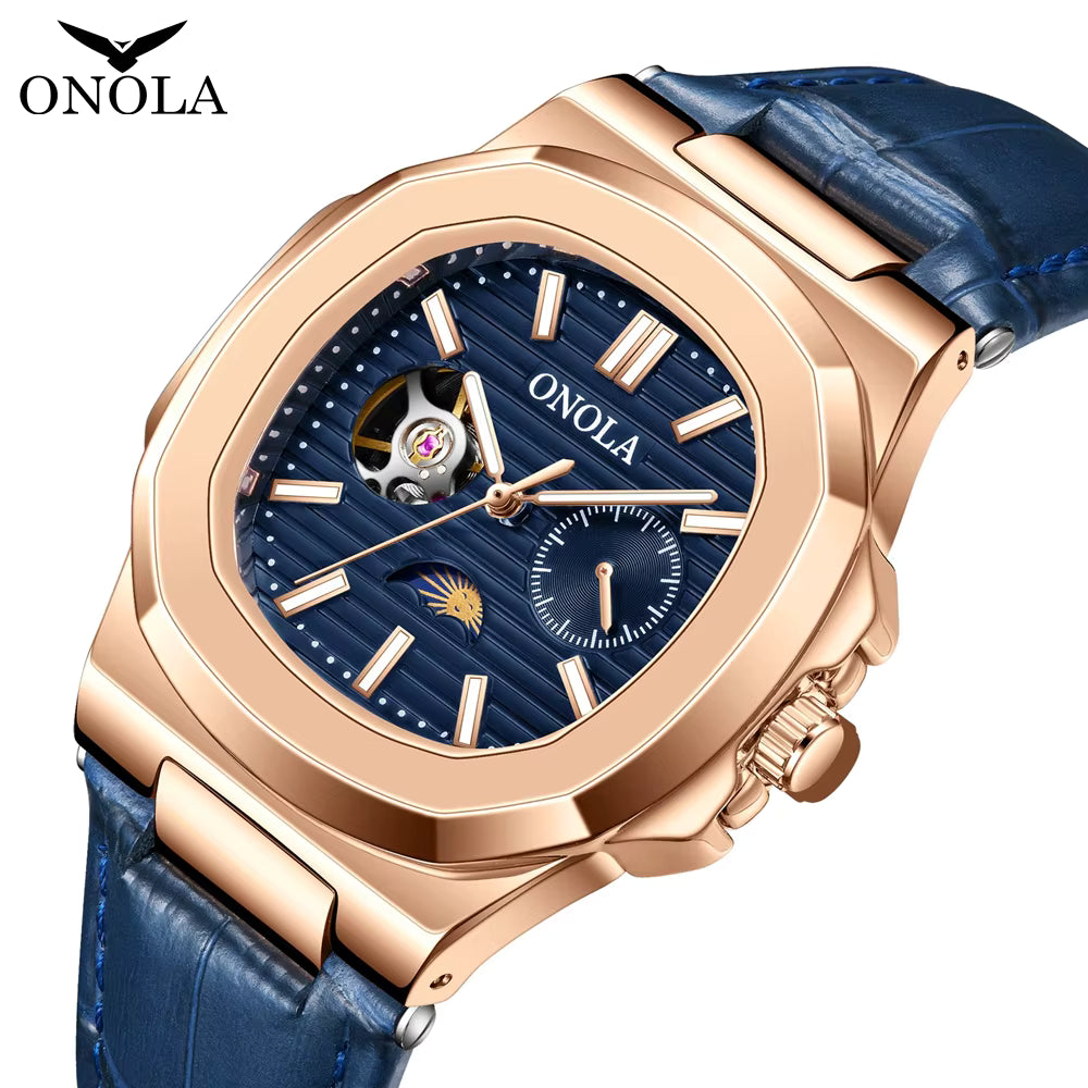 ONOLA Men’s Hollow Automatic Mechanical Watch – Business Style, Waterproof with Genuine Leather Strap