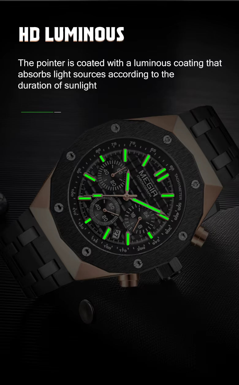 MEGIR Luxury Chronograph Men’s Watch – Polygon Case Quartz with Auto Date, Fashion Casual Business Timepiece