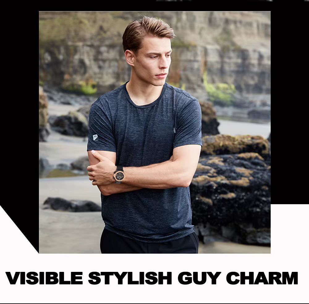 Men’s 46mm Military-Style Sports Watch – Rose Gold Hollow Dial with Black Silicone Band, Quartz Movement