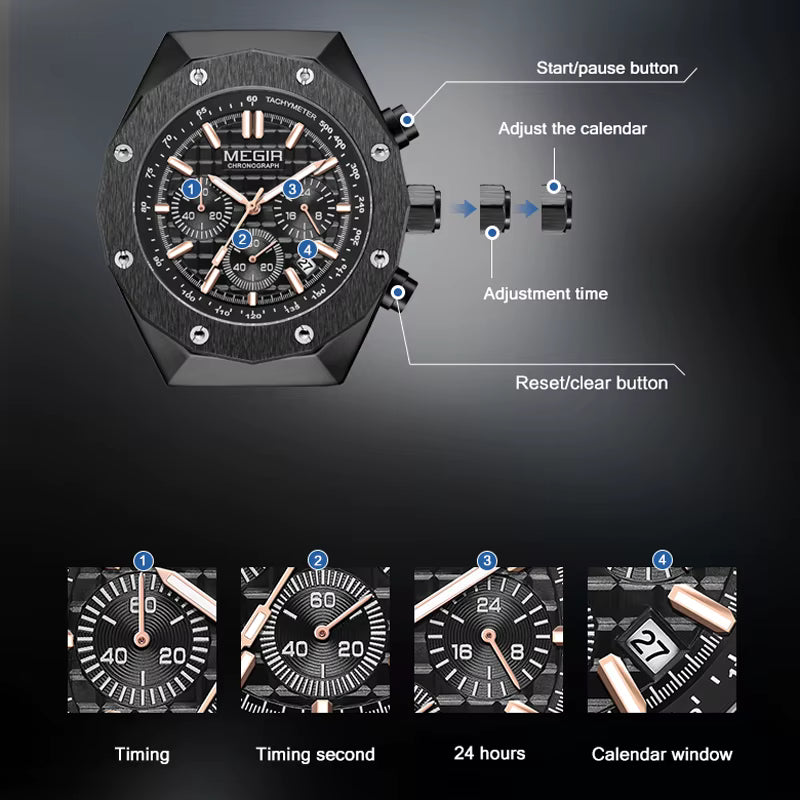 MEGIR Luxury Chronograph Men’s Watch – Polygon Case Quartz with Auto Date, Fashion Casual Business Timepiece