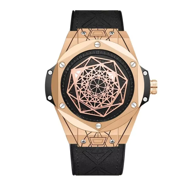 Men’s Rotating Star Design Watch – Rose Gold Quartz with Genuine Leather Strap, 3Bar Waterproof Business Casual Timepiece