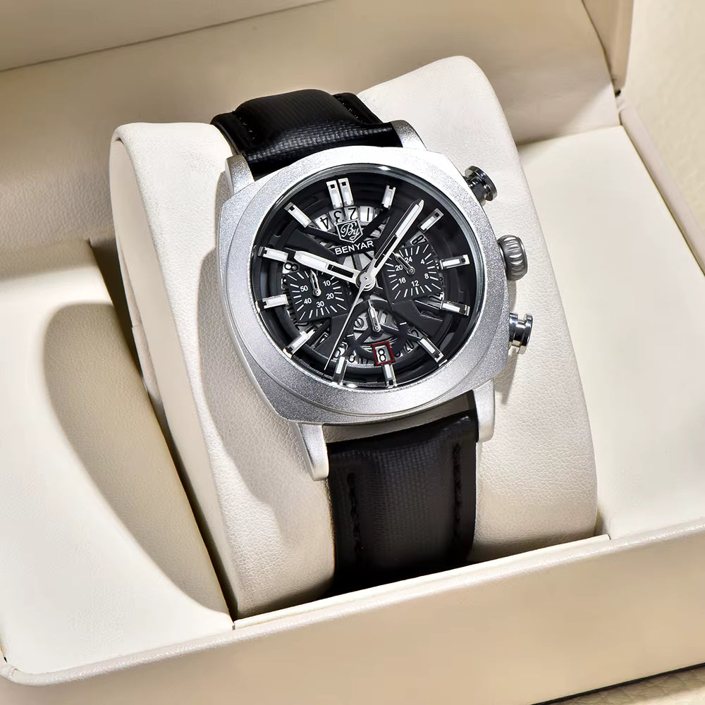 Benyar 2025 Men’s Chronograph Watch – 43mm Luminous Dial, Quartz Movement, 50M Waterproof