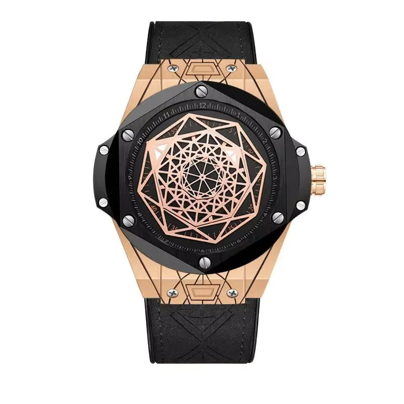 Men’s Rotating Star Design Watch – Rose Gold Quartz with Genuine Leather Strap, 3Bar Waterproof Business Casual Timepiece