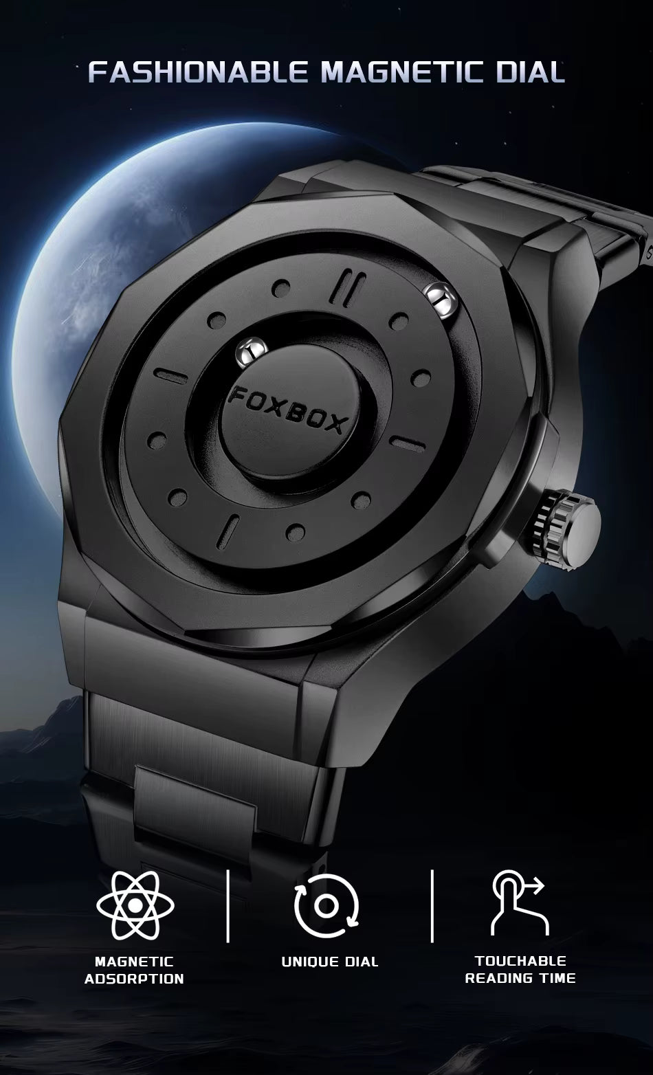 FOXBOX Men’s Quartz Watch – Creative Scrolling Pointer, Magnetic Display, Waterproof Outdoor Sports Wristwatch