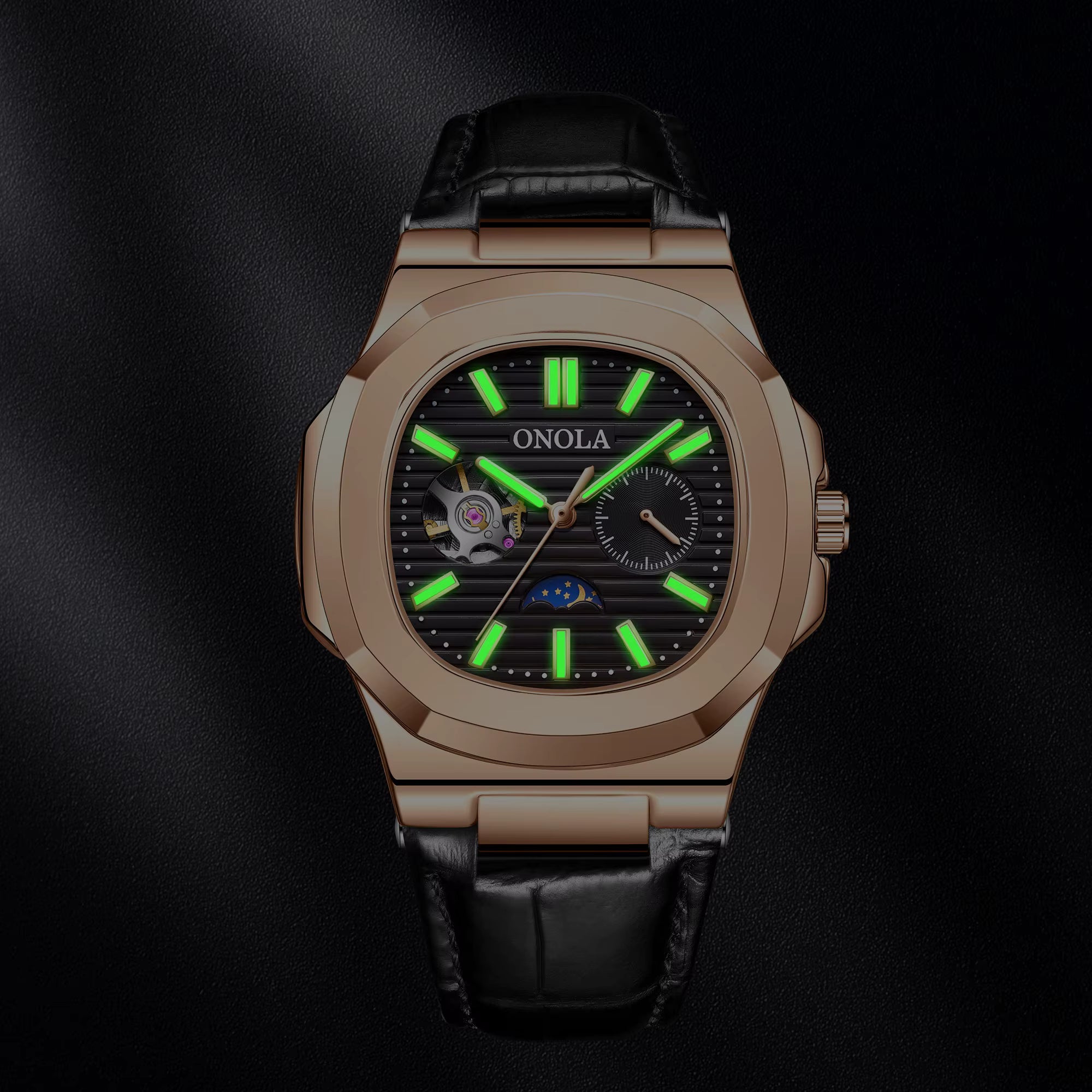 ONOLA Men’s Hollow Automatic Mechanical Watch – Business Style, Waterproof with Genuine Leather Strap