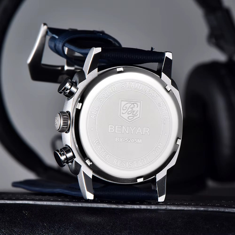 Benyar 2025 Men’s Chronograph Watch – 43mm Luminous Dial, Quartz Movement, 50M Waterproof