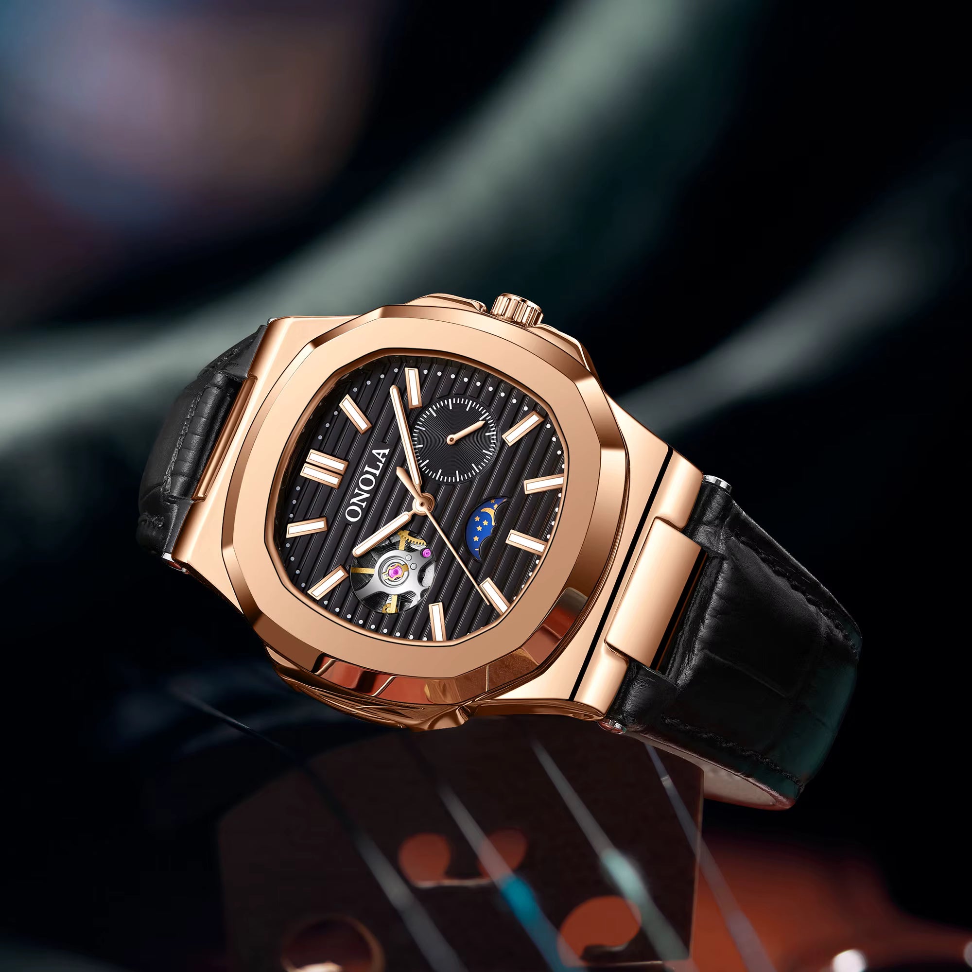 ONOLA Men’s Hollow Automatic Mechanical Watch – Business Style, Waterproof with Genuine Leather Strap