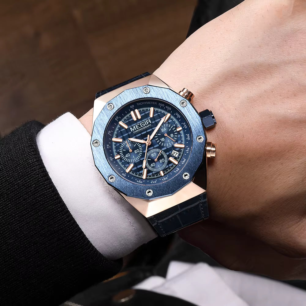 MEGIR Luxury Chronograph Men’s Watch – Polygon Case Quartz with Auto Date, Fashion Casual Business Timepiece