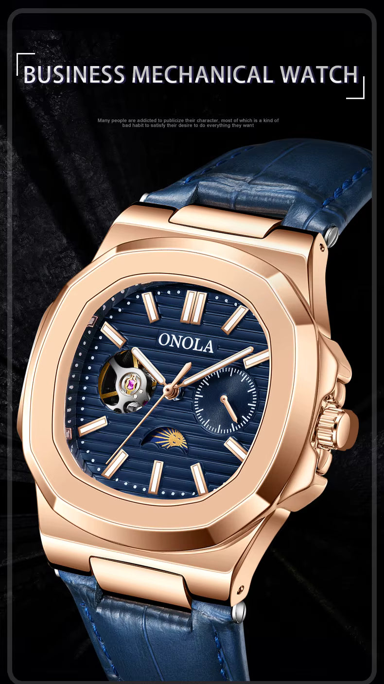 ONOLA Men’s Hollow Automatic Mechanical Watch – Business Style, Waterproof with Genuine Leather Strap