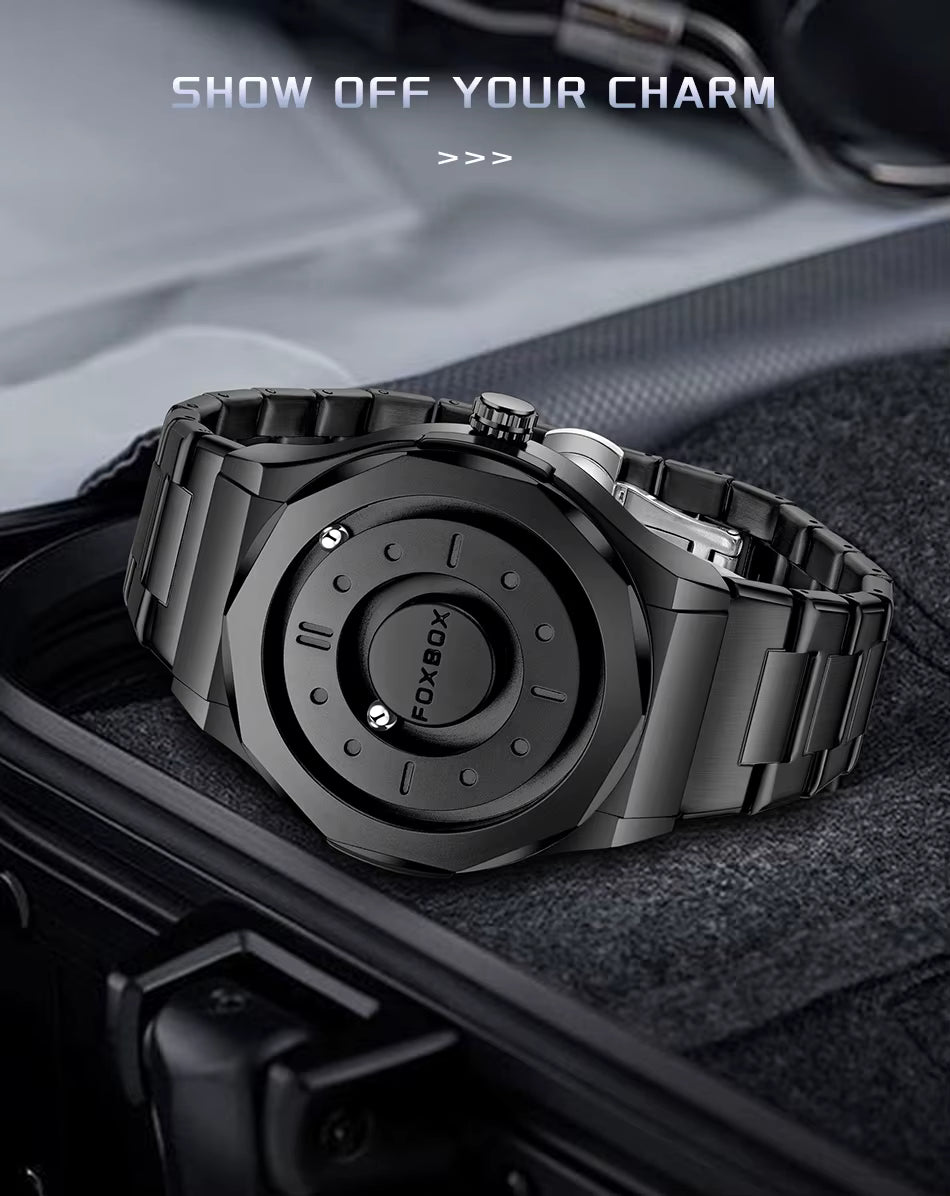 FOXBOX Men’s Quartz Watch – Creative Scrolling Pointer, Magnetic Display, Waterproof Outdoor Sports Wristwatch