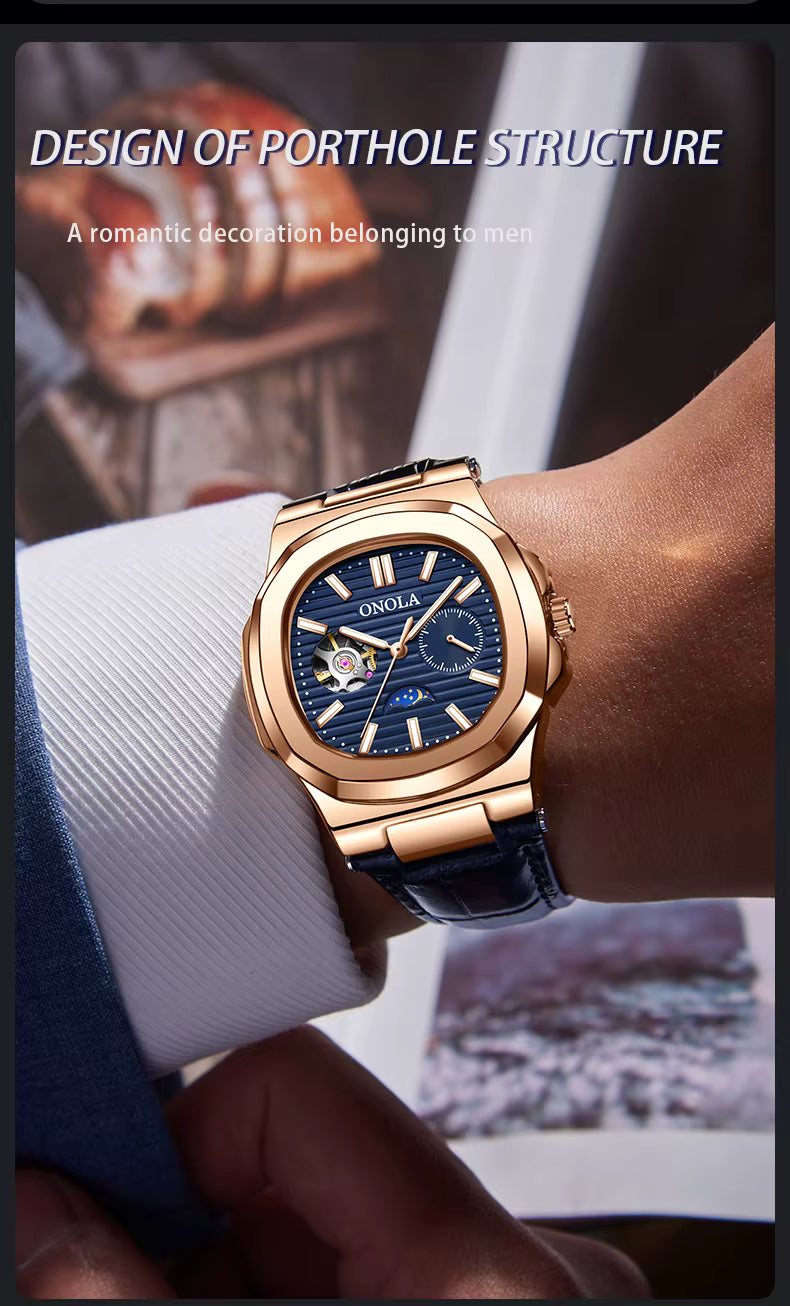 ONOLA Men’s Hollow Automatic Mechanical Watch – Business Style, Waterproof with Genuine Leather Strap