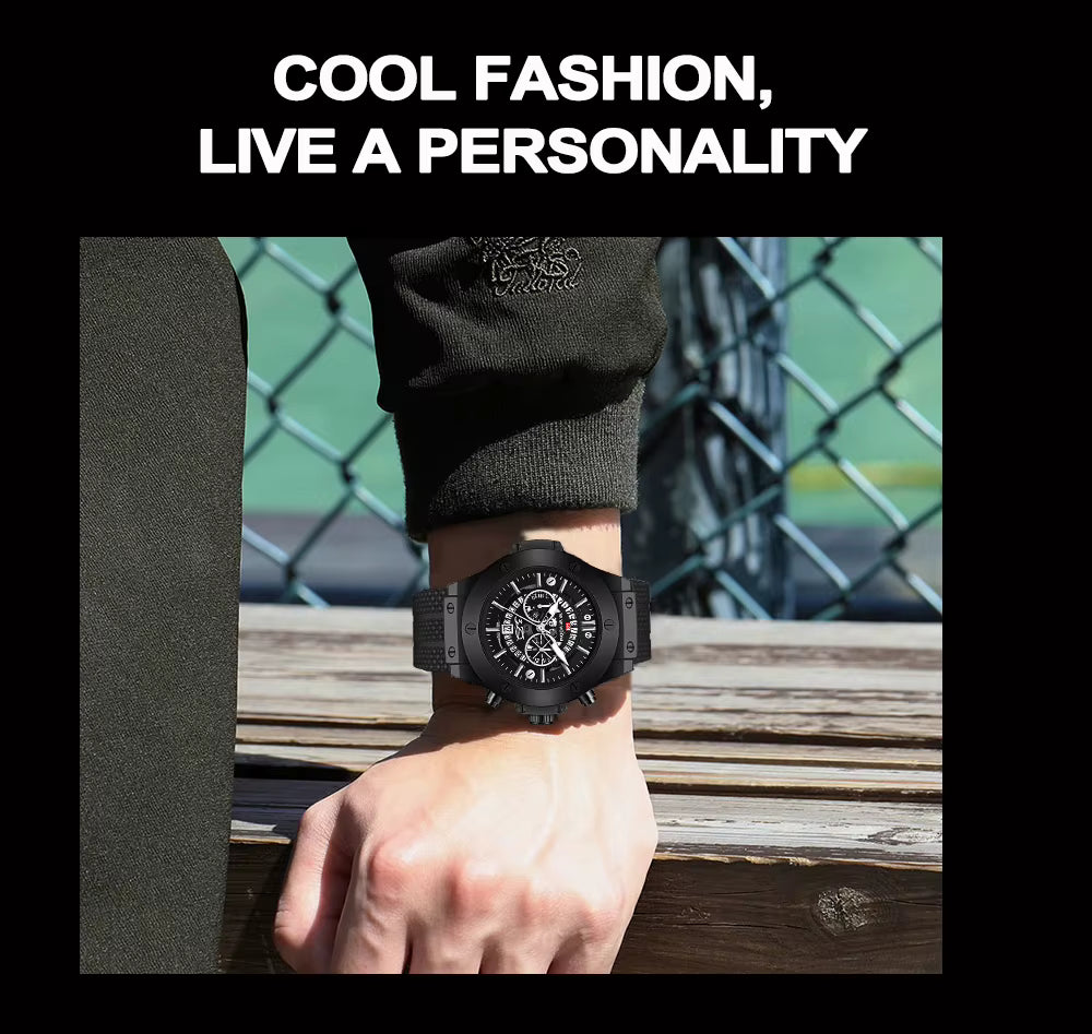 Men’s 46mm Military-Style Sports Watch – Rose Gold Hollow Dial with Black Silicone Band, Quartz Movement