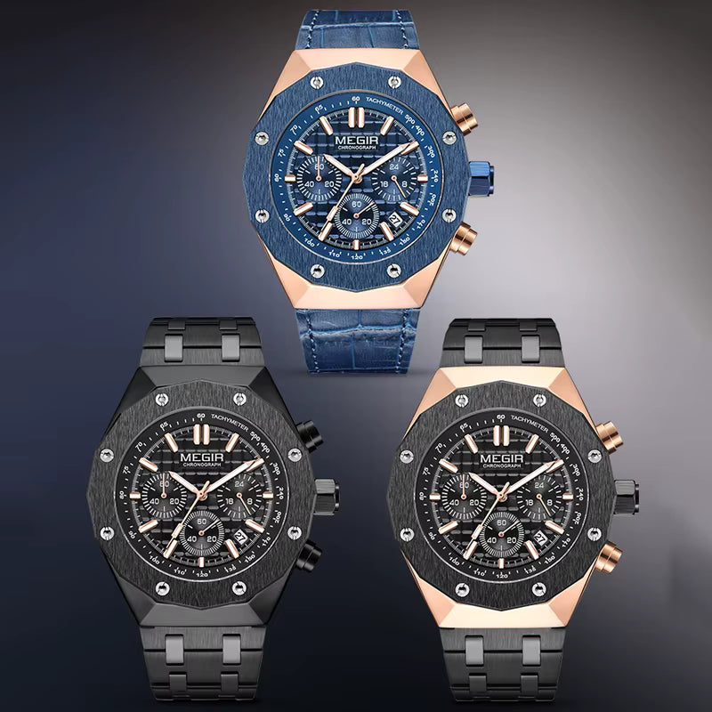 MEGIR Luxury Chronograph Men’s Watch – Polygon Case Quartz with Auto Date, Fashion Casual Business Timepiece
