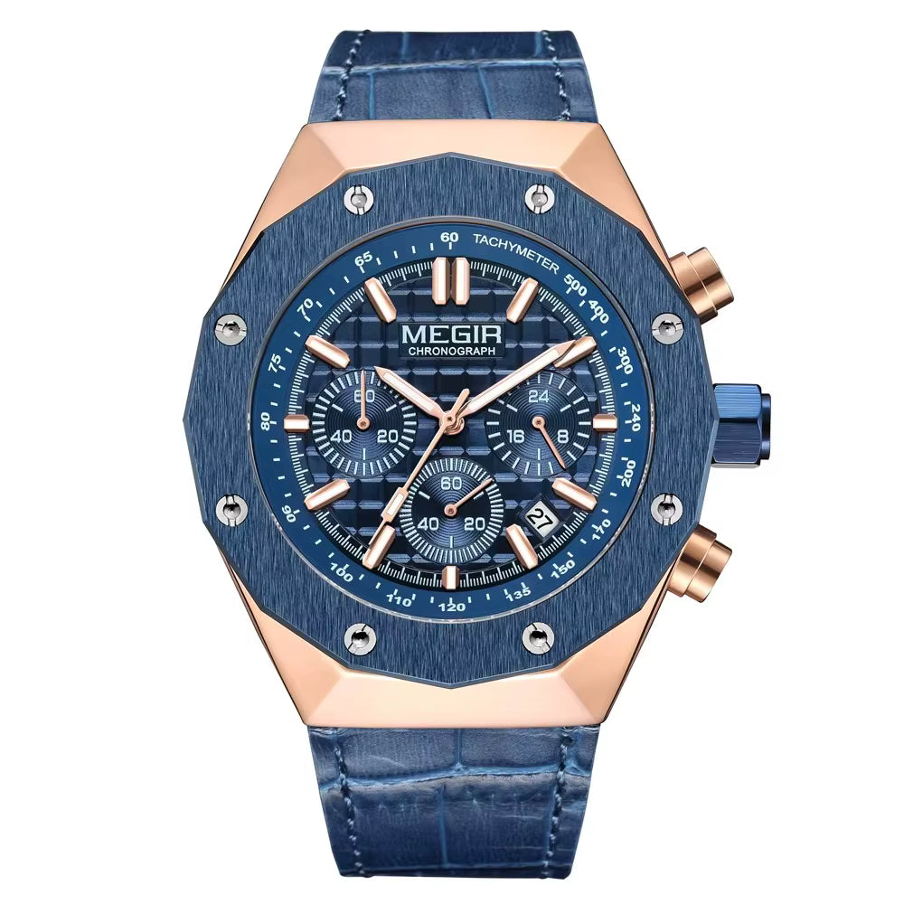 MEGIR Luxury Chronograph Men’s Watch – Polygon Case Quartz with Auto Date, Fashion Casual Business Timepiece
