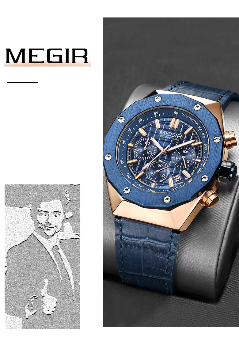 MEGIR Luxury Chronograph Men’s Watch – Polygon Case Quartz with Auto Date, Fashion Casual Business Timepiece
