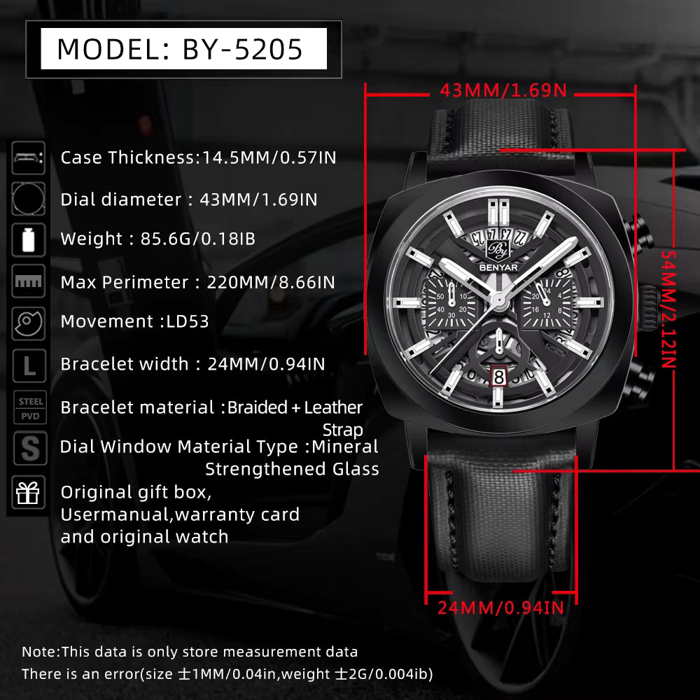 Benyar 2025 Men’s Chronograph Watch – 43mm Luminous Dial, Quartz Movement, 50M Waterproof