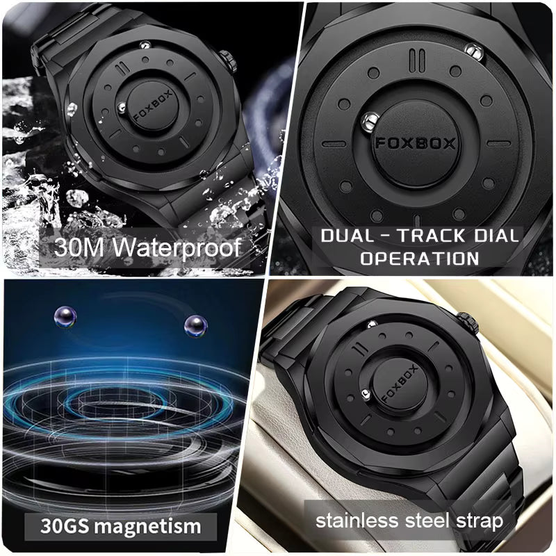 FOXBOX Men’s Quartz Watch – Creative Scrolling Pointer, Magnetic Display, Waterproof Outdoor Sports Wristwatch