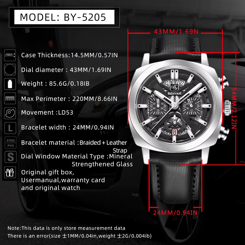 Benyar 2025 Men’s Chronograph Watch – 43mm Luminous Dial, Quartz Movement, 50M Waterproof