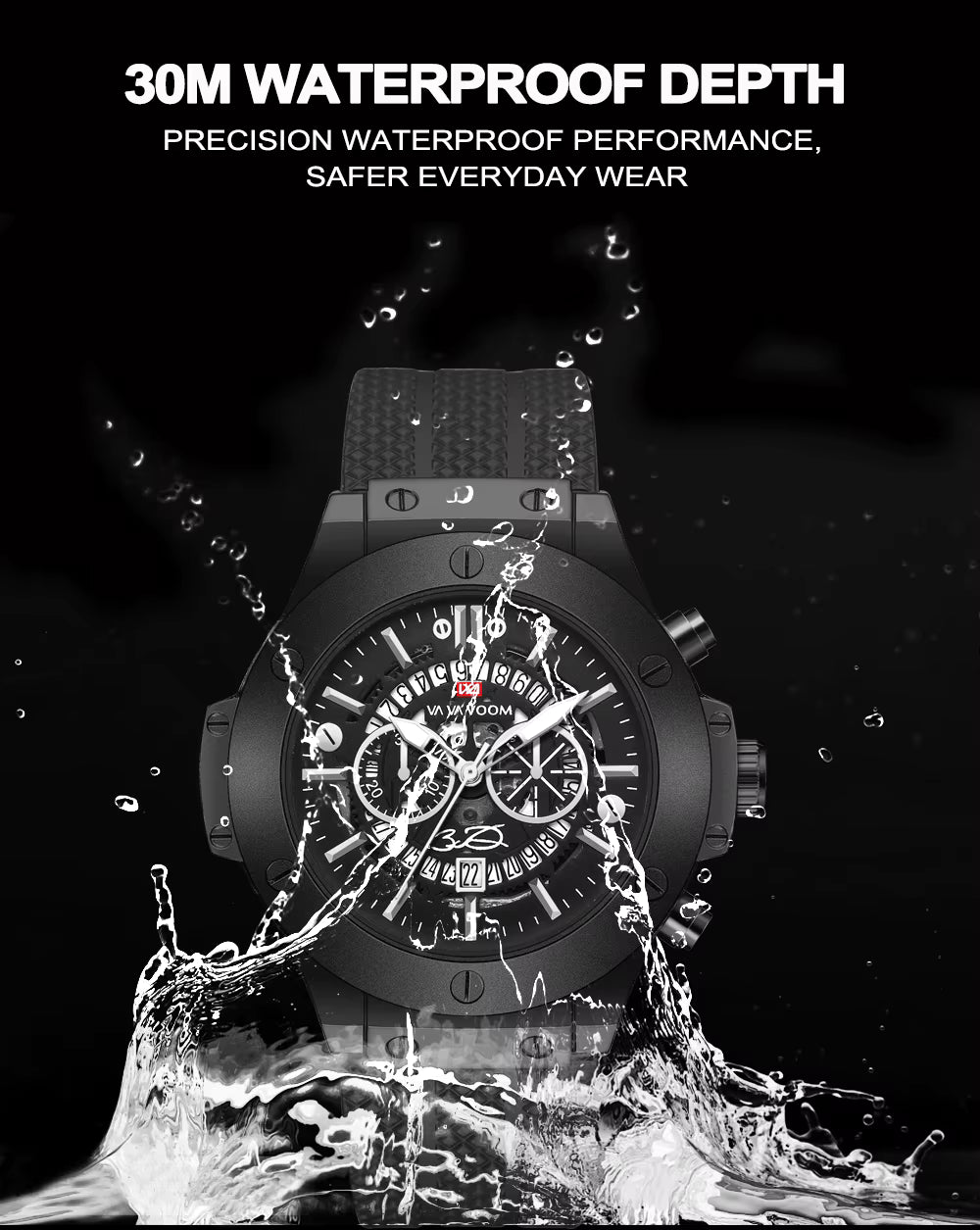 Men’s 46mm Military-Style Sports Watch – Rose Gold Hollow Dial with Black Silicone Band, Quartz Movement