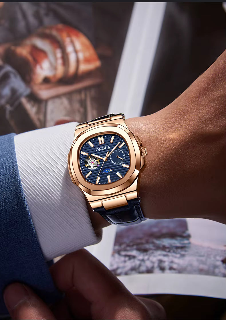 ONOLA Men’s Hollow Automatic Mechanical Watch – Business Style, Waterproof with Genuine Leather Strap