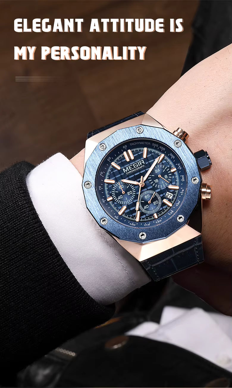 MEGIR Luxury Chronograph Men’s Watch – Polygon Case Quartz with Auto Date, Fashion Casual Business Timepiece