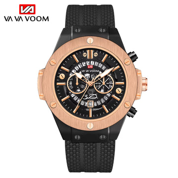 Men’s 46mm Military-Style Sports Watch – Rose Gold Hollow Dial with Black Silicone Band, Quartz Movement