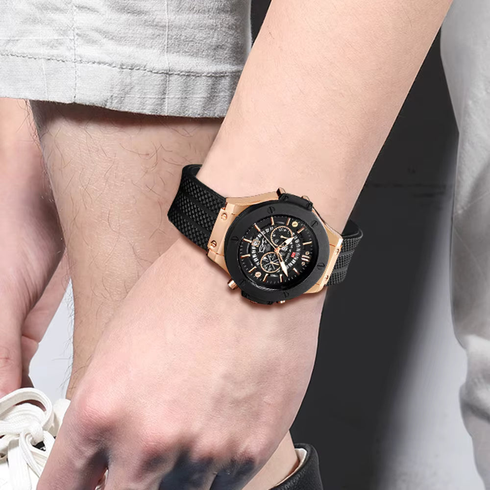 Men’s 46mm Military-Style Sports Watch – Rose Gold Hollow Dial with Black Silicone Band, Quartz Movement