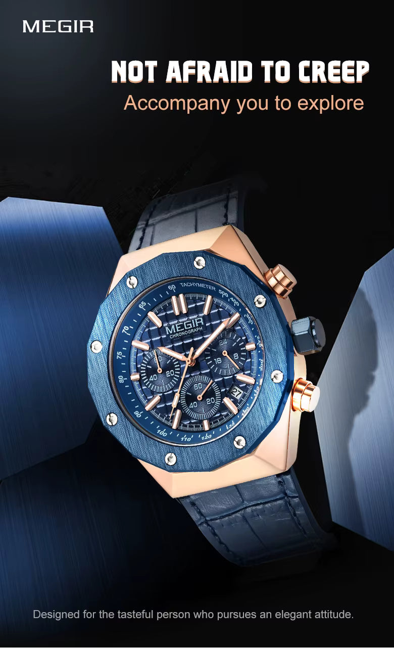 MEGIR Luxury Chronograph Men’s Watch – Polygon Case Quartz with Auto Date, Fashion Casual Business Timepiece