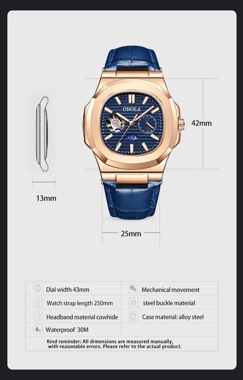 ONOLA Men’s Hollow Automatic Mechanical Watch – Business Style, Waterproof with Genuine Leather Strap