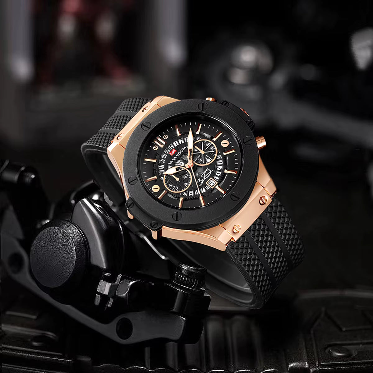 Men’s 46mm Military-Style Sports Watch – Rose Gold Hollow Dial with Black Silicone Band, Quartz Movement