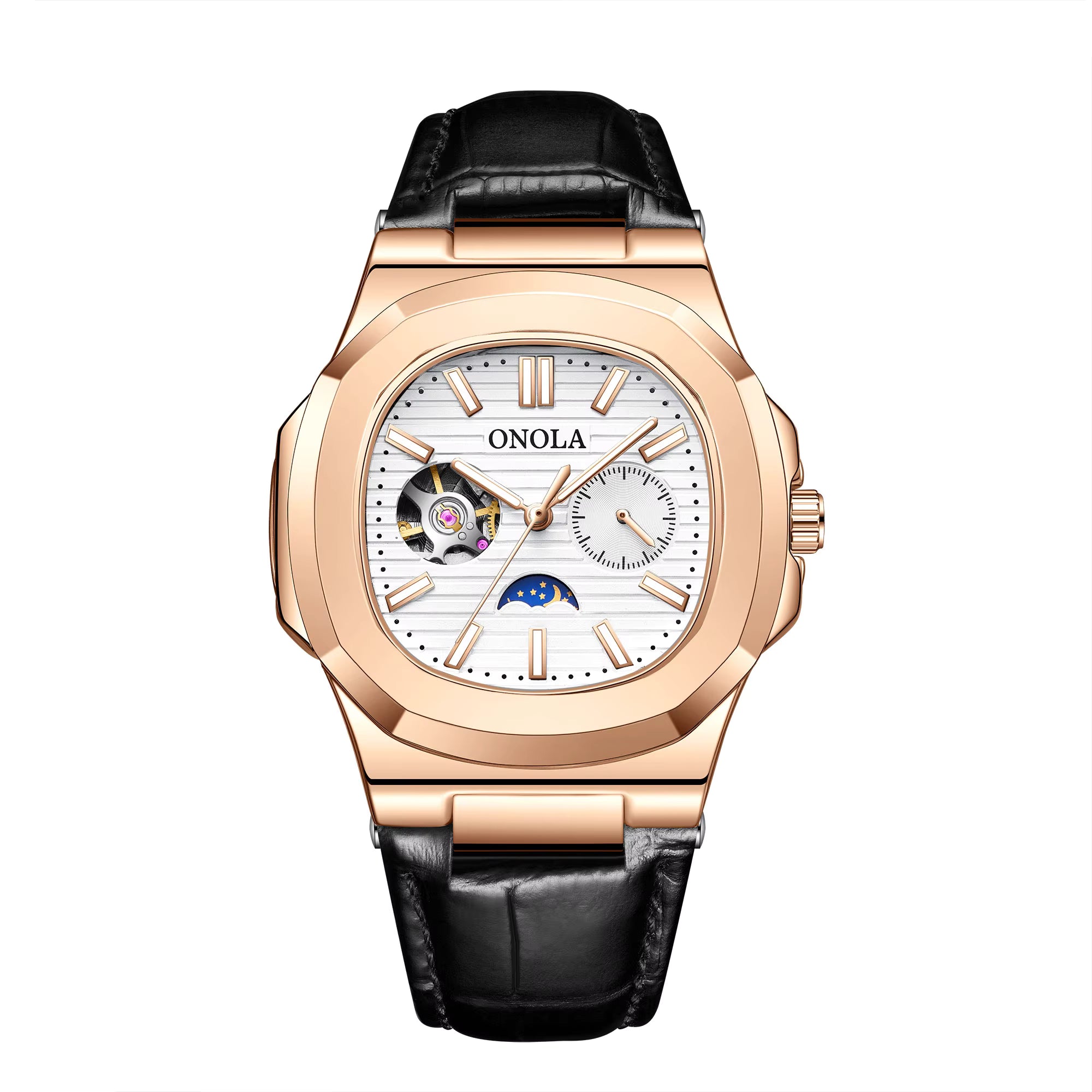 ONOLA Men’s Hollow Automatic Mechanical Watch – Business Style, Waterproof with Genuine Leather Strap