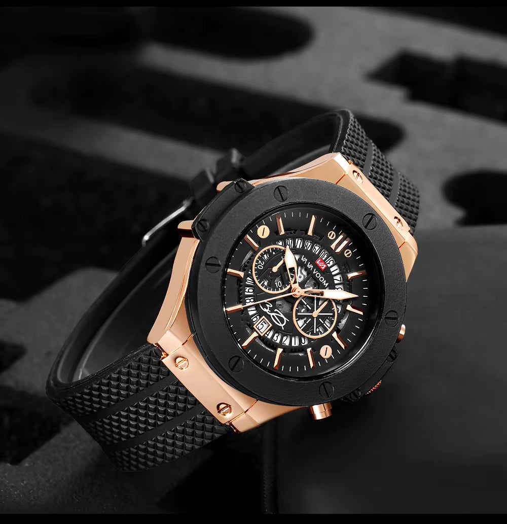 Men’s 46mm Military-Style Sports Watch – Rose Gold Hollow Dial with Black Silicone Band, Quartz Movement