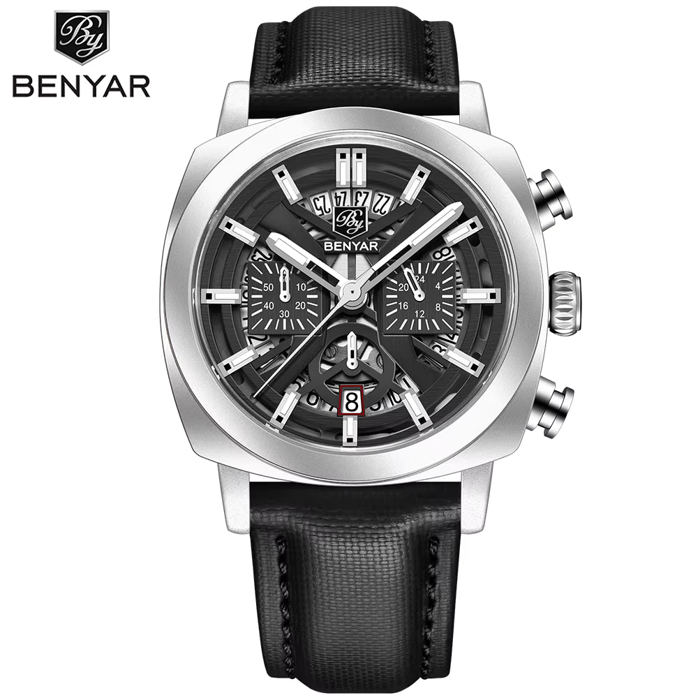 Benyar 2025 Men’s Chronograph Watch – 43mm Luminous Dial, Quartz Movement, 50M Waterproof