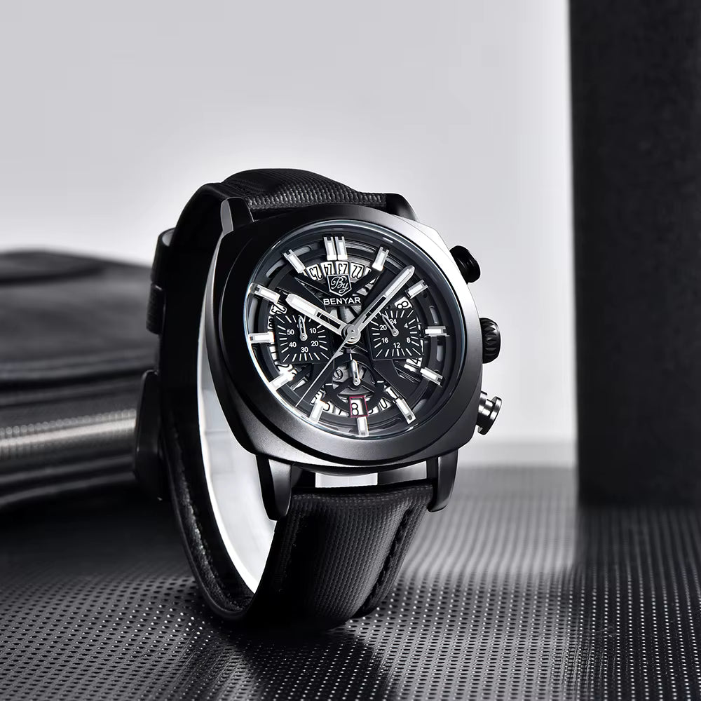 Benyar 2025 Men’s Chronograph Watch – 43mm Luminous Dial, Quartz Movement, 50M Waterproof