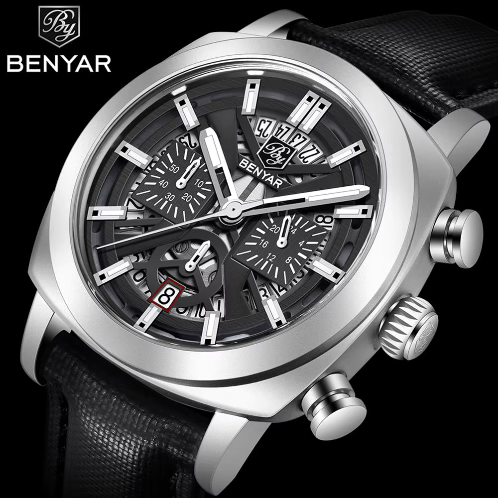 Benyar 2025 Men’s Chronograph Watch – 43mm Luminous Dial, Quartz Movement, 50M Waterproof