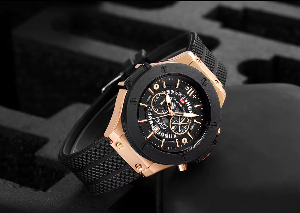 Men’s 46mm Military-Style Sports Watch – Rose Gold Hollow Dial with Black Silicone Band, Quartz Movement