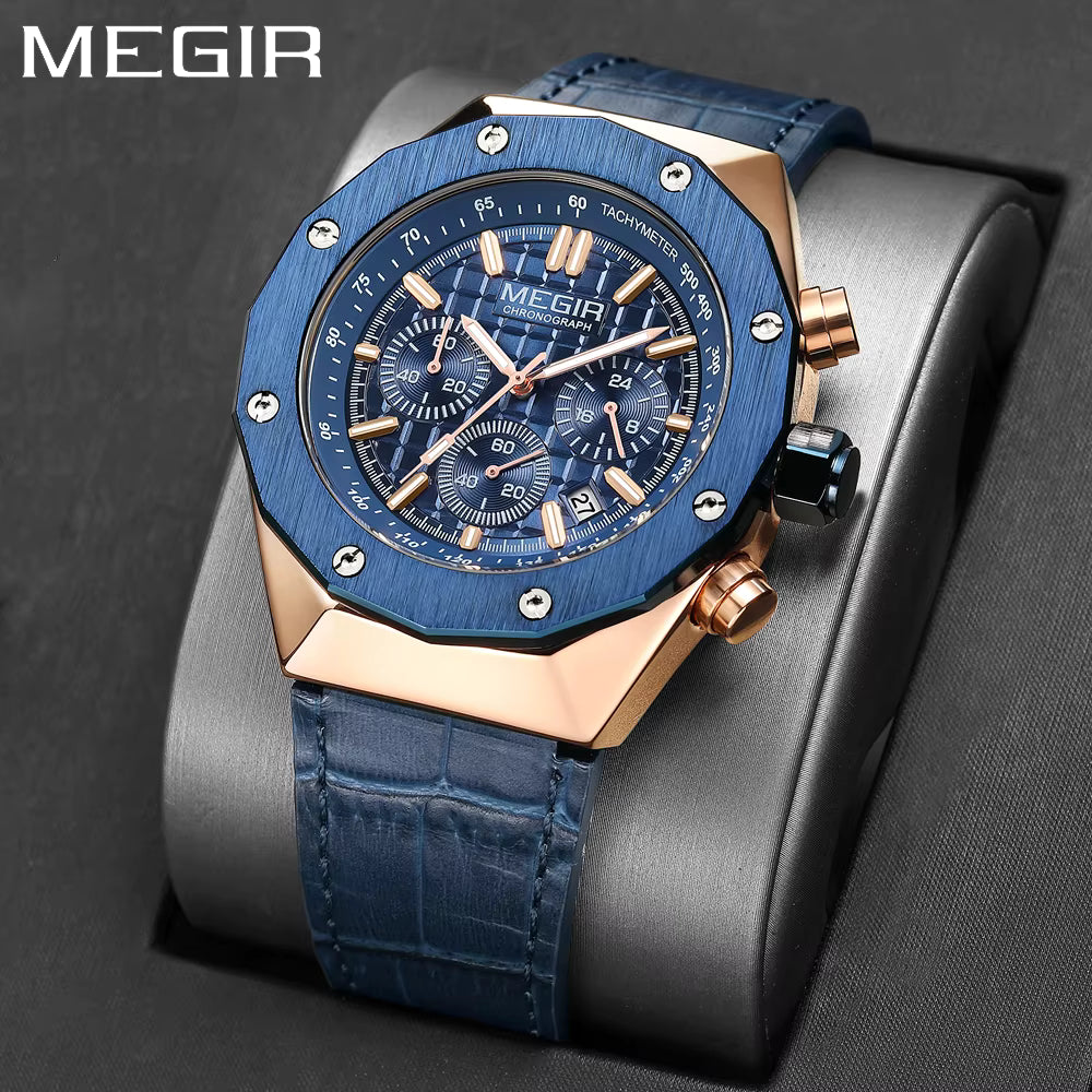 MEGIR Luxury Chronograph Men’s Watch – Polygon Case Quartz with Auto Date, Fashion Casual Business Timepiece