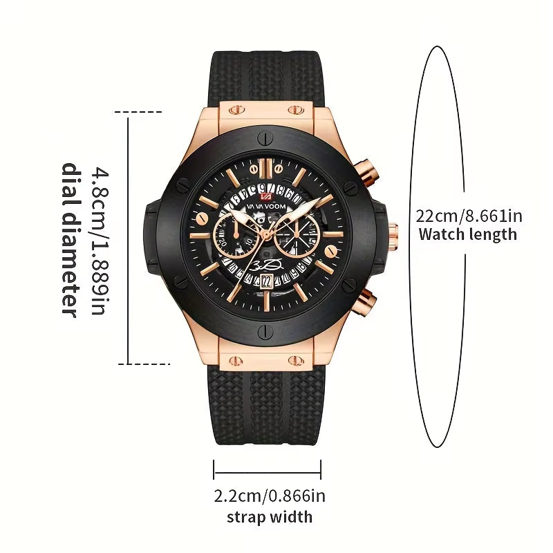 Men’s 46mm Military-Style Sports Watch – Rose Gold Hollow Dial with Black Silicone Band, Quartz Movement