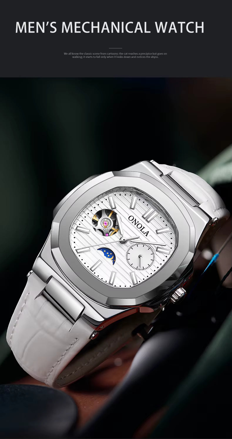 ONOLA Men’s Hollow Automatic Mechanical Watch – Business Style, Waterproof with Genuine Leather Strap