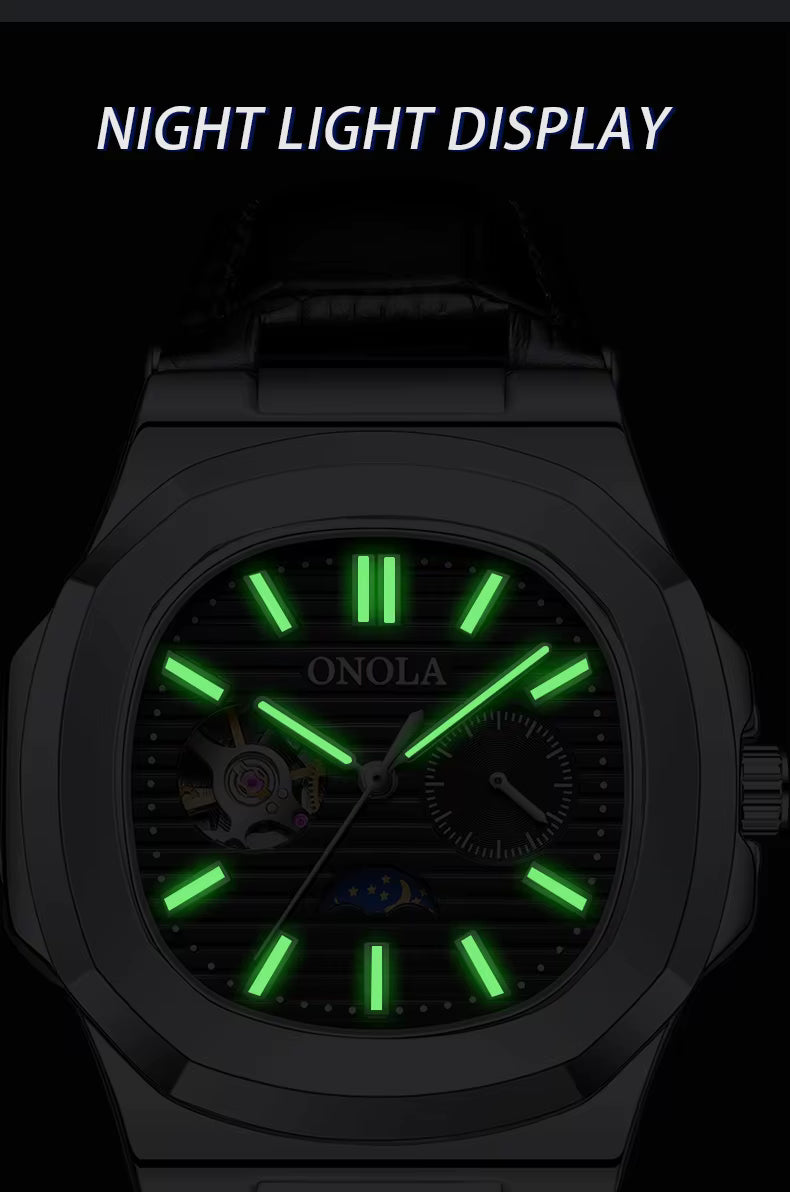 ONOLA Men’s Hollow Automatic Mechanical Watch – Business Style, Waterproof with Genuine Leather Strap