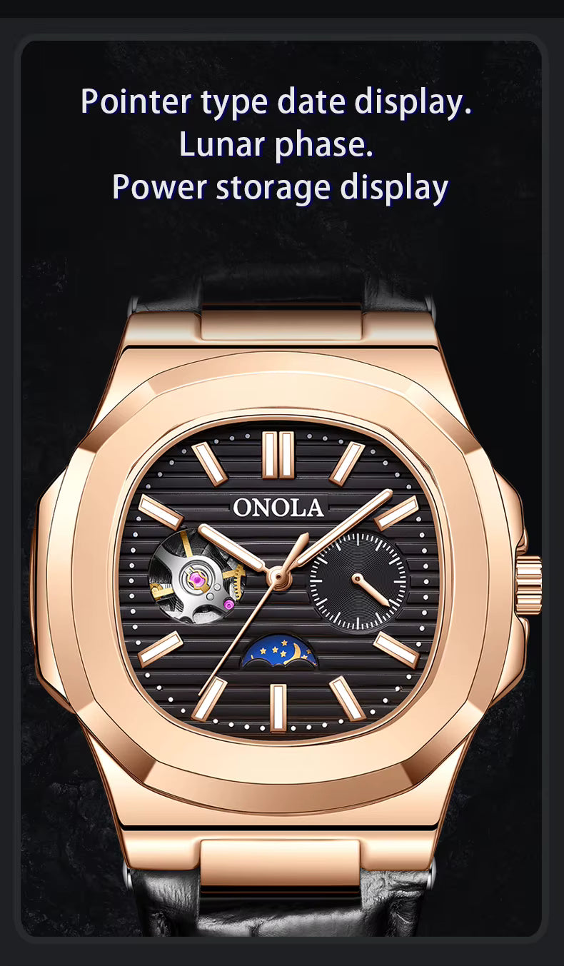 ONOLA Men’s Hollow Automatic Mechanical Watch – Business Style, Waterproof with Genuine Leather Strap