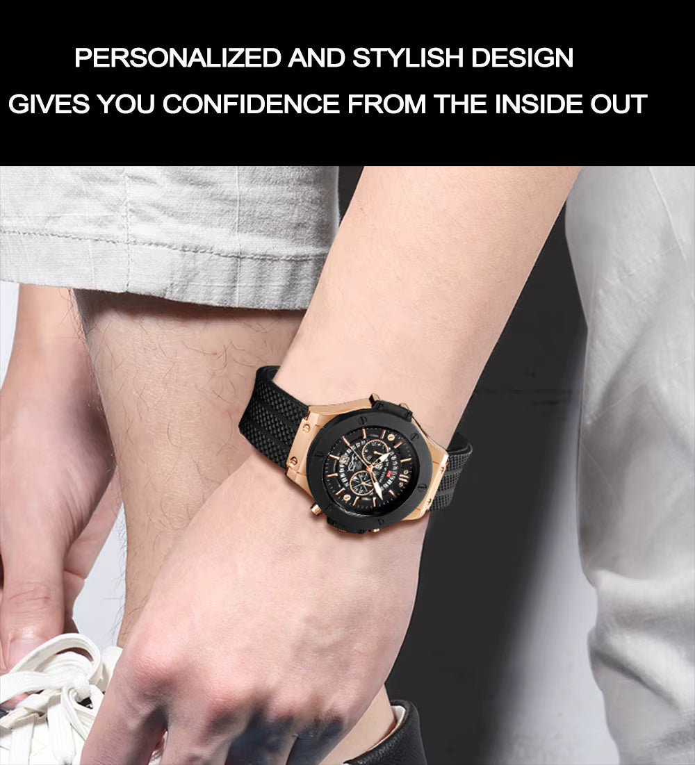 Men’s 46mm Military-Style Sports Watch – Rose Gold Hollow Dial with Black Silicone Band, Quartz Movement