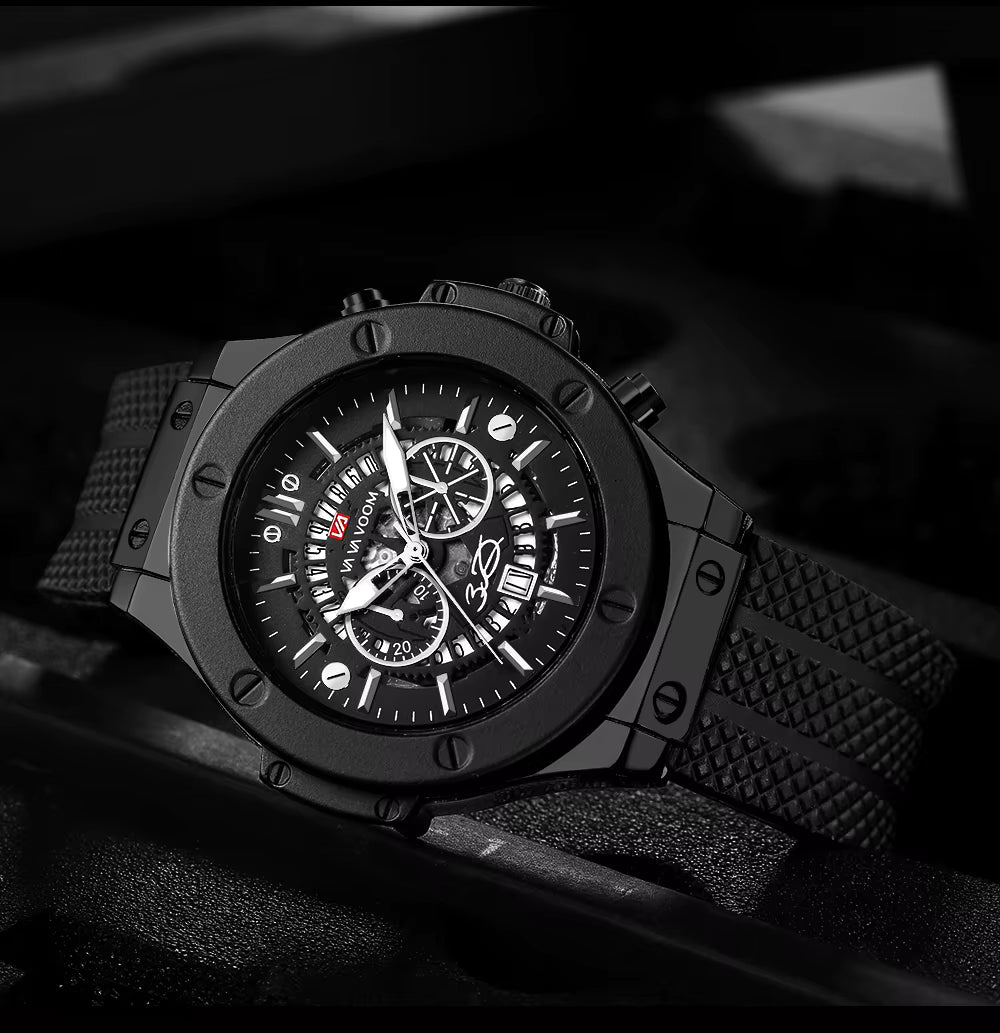 Men’s 46mm Military-Style Sports Watch – Rose Gold Hollow Dial with Black Silicone Band, Quartz Movement