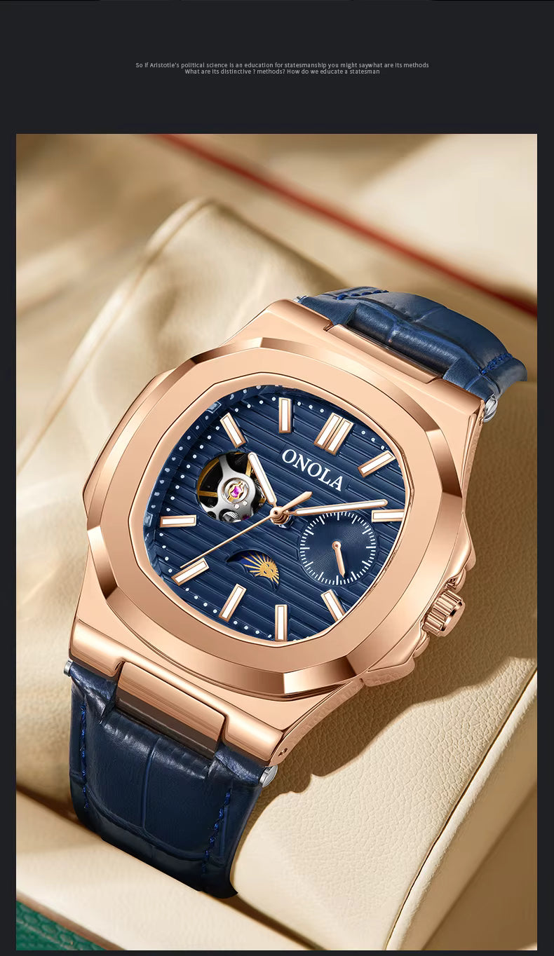 ONOLA Men’s Hollow Automatic Mechanical Watch – Business Style, Waterproof with Genuine Leather Strap