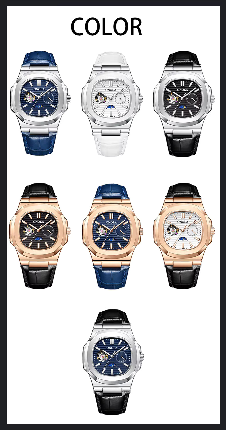 ONOLA Men’s Hollow Automatic Mechanical Watch – Business Style, Waterproof with Genuine Leather Strap