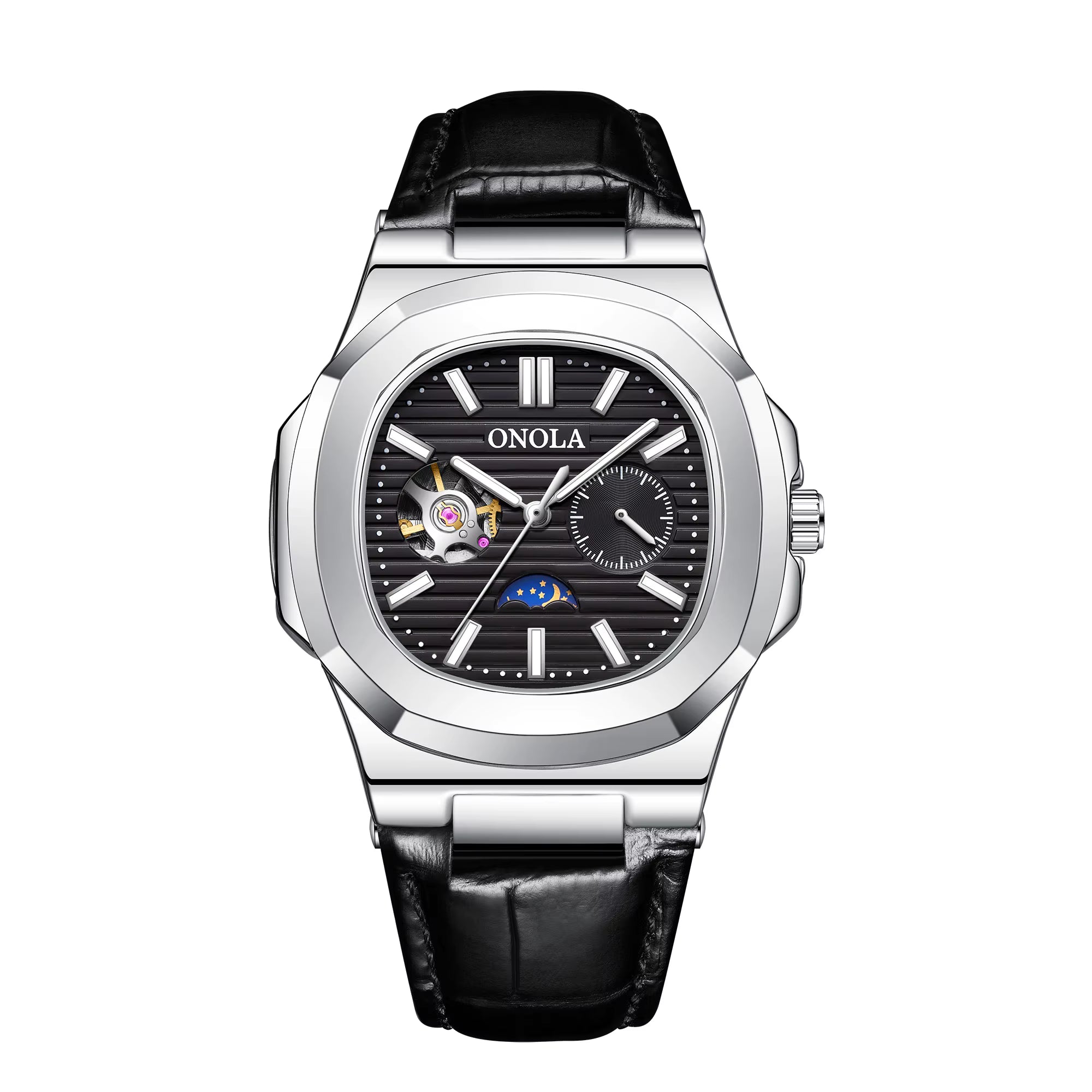 ONOLA Men’s Hollow Automatic Mechanical Watch – Business Style, Waterproof with Genuine Leather Strap