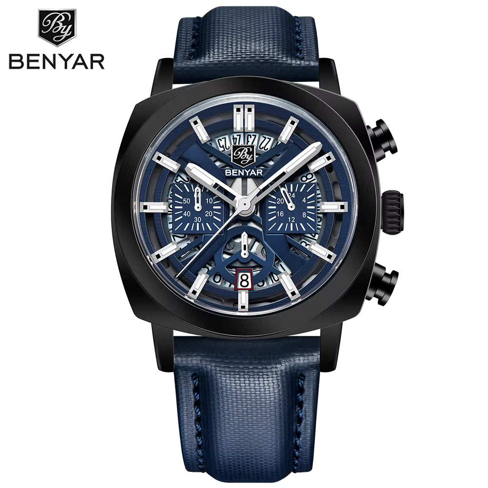 Benyar 2025 Men’s Chronograph Watch – 43mm Luminous Dial, Quartz Movement, 50M Waterproof