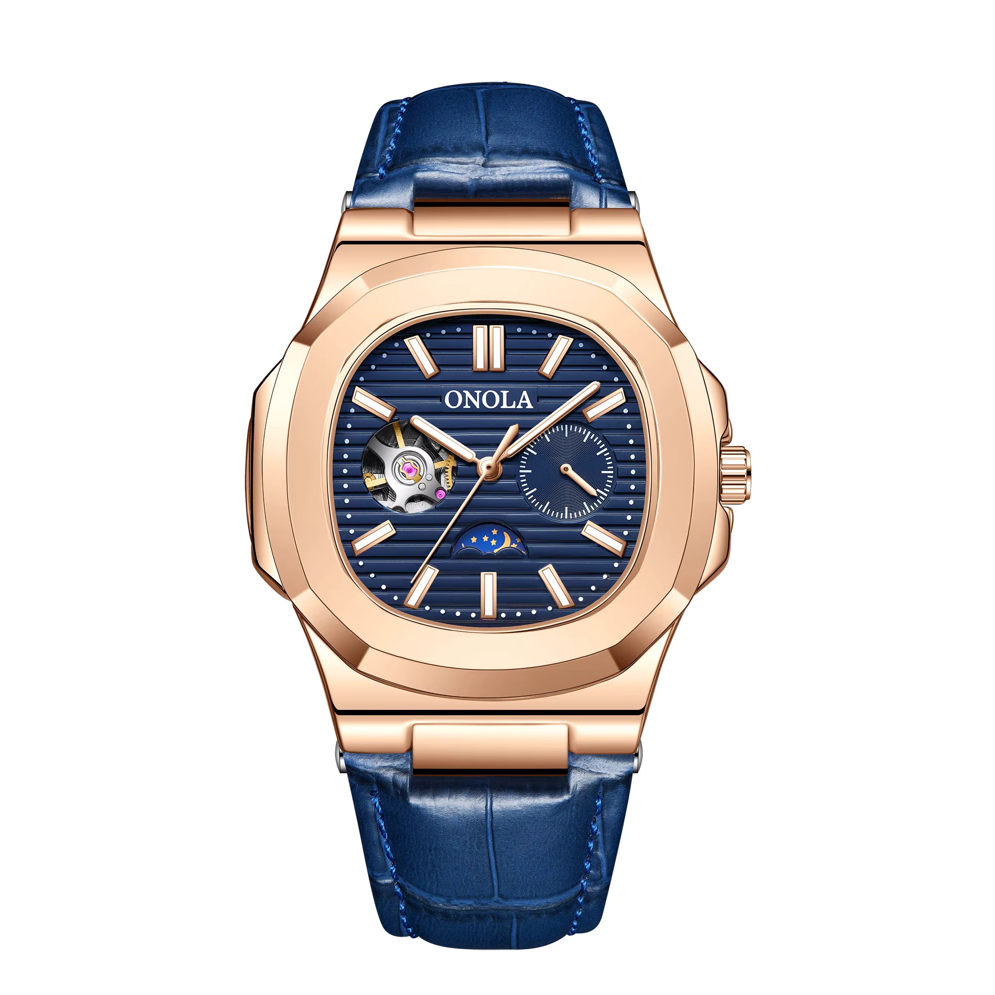 ONOLA Men’s Hollow Automatic Mechanical Watch – Business Style, Waterproof with Genuine Leather Strap