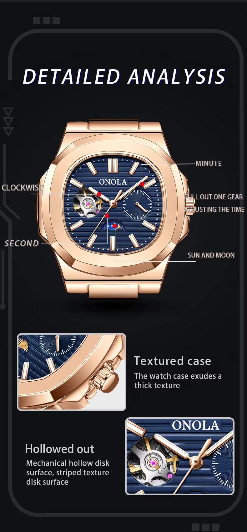 ONOLA Men’s Hollow Automatic Mechanical Watch – Business Style, Waterproof with Genuine Leather Strap